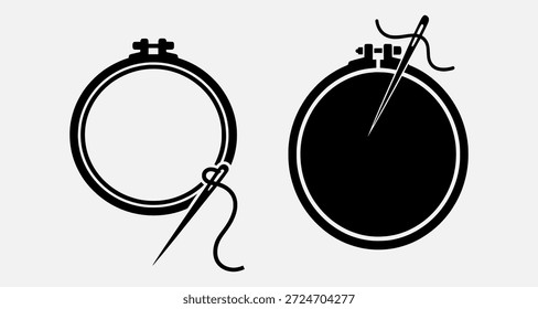 Two embroidery hoops with needles and thread, one blank and one filled, on a light gray background.