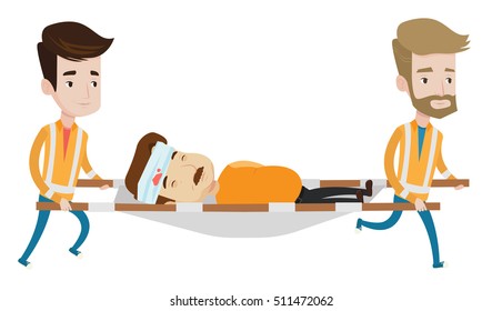 Two emergency doctors carrying injured man on emergency medical stretcher. Caucasian emergency doctors transporting victim on stretcher. Vector flat design illustration isolated on white background.