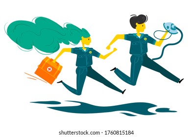 Two emergency doctors rushes to rescue. Doctor in uniform with medical box and doctor with oxygen mask . Vector flat design illustration isolated on white background.