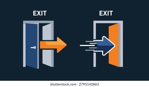 Two emergency exit icons showing a person going through a door indicated by orange and blue arrows for safety signage.
