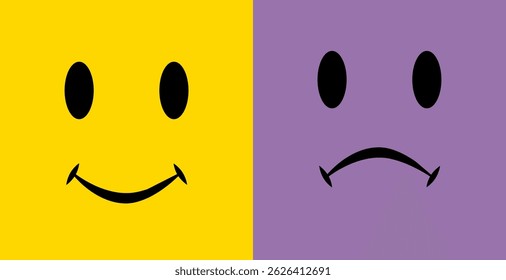 Two emoji with contrasting colors represent different emotions, a happy smile and a sad smile. Emoji are pictorial symbols used in electronic communication to express or convey feelings.