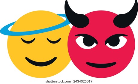 Zwei Emojis, eines glücklich mit einem Heiligenschein und das andere teuflisch mit Hörnern, die gute und böse Emotionen repräsentieren.