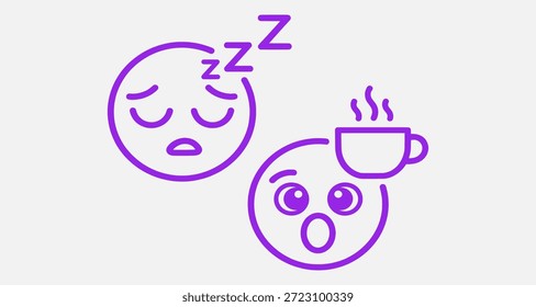 Dois emoticons, um dormindo e um com uma xícara de café, expressando diferentes emoções e estados.