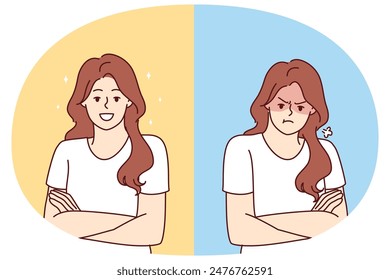 Two emotionally opposite women are sad or happy for concept of bipolar disorder affecting mood. Cheerful and unhappy girl before and after taking antidepressants or mood improving vitamin