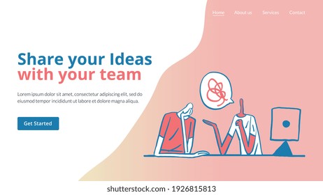 Zwei Mitarbeiter kommunizieren bei der Arbeitssitzung in real. Starten Sie die Agenturgruppe, um ein Team zu erstellen. Konzept für Webdesign. Kann für Web-Banner verwendet werden, Infografik Vektorgrafik Konzept moderne flache Design