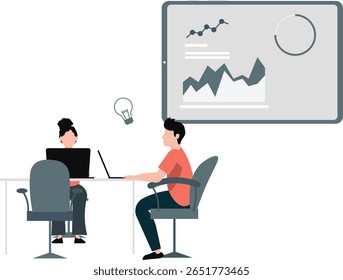 Two employees collaborate enthusiastically, brainstorming an innovative idea. They engage in lively discussions, scribbling notes, and sketching diagrams to refine their concept for presentation.