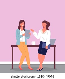 Two employees, colleagues or business women standing leaning on brown desk. Project discussion, business meeting, coffee break. Pink walls, laptop on the table. Office interior. Flat vector image