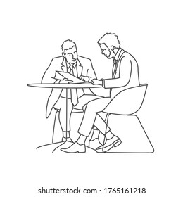 Two employees discuss their work. Line drawing vector illustration.