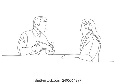 Two employees are excitedly discussing the briefing. Business briefing concept one-line drawing