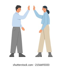 Two employees giving high-five. Teamwork. Business cooperation of young creative people. Concept of brainstorming, unity and support between colleagues. Flat vector illustration.