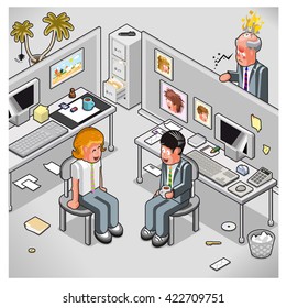 Two employees having a chat in an office while big boss is watching them furiously (isometric illustration)
