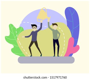 two employees holding a trophy of best teamwork. vector illustration