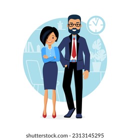 Two employees man and woman, are standing in round office in  dress code. Flat style. Short female asymmetrical hairstyle with black hair. Guy with beard and glasses