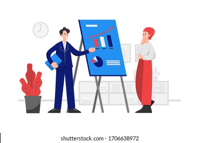 Two employees in a meeting room with a table showing a bar chart and a pie chart svg