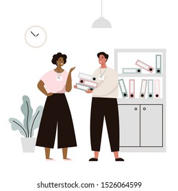 Two employees in the office discuss working issues. Conversation of two office workers. Flat vector illustration.