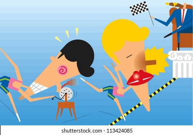 Two Employees, One With Nose To The Grindstone, One With A Brown Nose And Big Red Kissing Lips, Race To Cross Finish Line First To Impress Their Boss Who Sits Atop A Pillar Smoking A Cigar