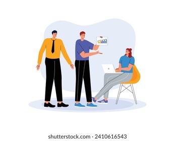 Two employees reporting company progress to manager for review, teamwork vector illustration.