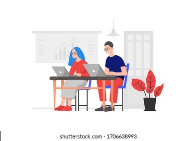 Two employees sitting in front of a computer to research the market for advertising campaign svg