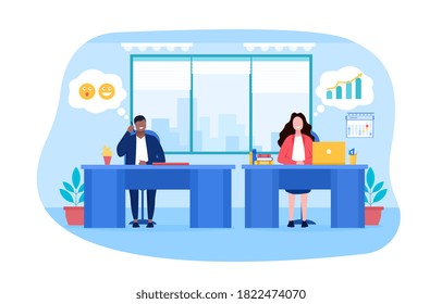 Two employees are sitting in the office, a young guy and a girl, a girl enthusiastically performing her work, and a young man procrastinating and communicating in social networks during working hours.
