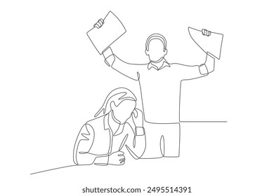 Two employees who are dizzy with briefing papers. Business briefing concept one-line drawing