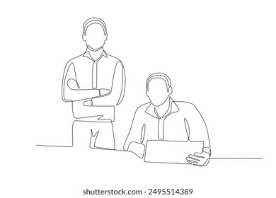 Two employees who want to discuss the briefing. Business briefing concept one-line drawing