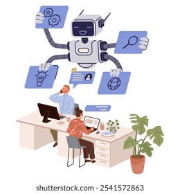 Dois funcionários trabalham em uma mesa, enquanto um robô de IA amigável os ajuda com várias tarefas. Ideal para trabalho em equipe, inovação, tecnologia de IA, produtividade, local de trabalho orientado por tecnologia. Moderno, limpo, vibrante