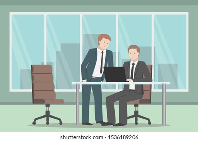 Two employees working in office. Teamwork. Vector.