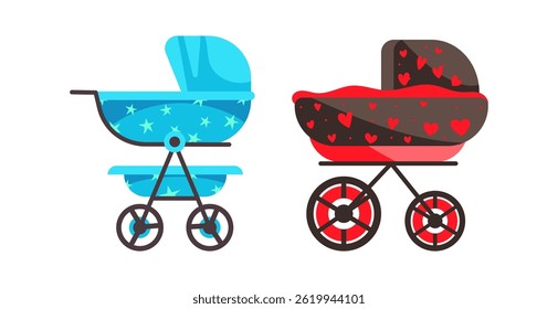 Two empty baby strollers, decorated with stars and hearts respectively, ready for a walk in the park