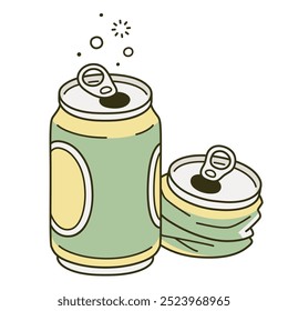 Two empty beer cans cartoon drawing. Crushed aluminum can trash after party. Simple vector illustration.