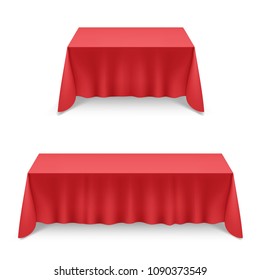 Two Empty Big Banquet Table Covered with Red Tablecloth