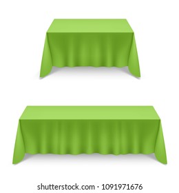 Two Empty Big Banquet Table Covered with Green Tablecloth