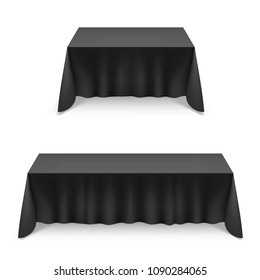 Two Empty Big Banquet Tables Covered with Black Tablecloth