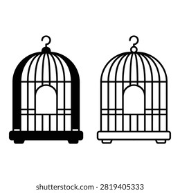 two empty bird cages in black and white illustration style, isolated on white background