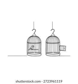 Dos jaulas de pájaro vacías con un solo pájaro dentro de una ilustración de arte de línea