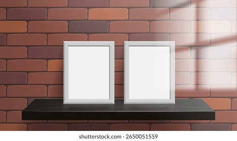 two empty blank vertical picture frames on black wooden shelf brick wall window light  effect  mock up vector illustration