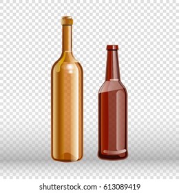 Dos botellas vacías de vino y cerveza aisladas en transparente