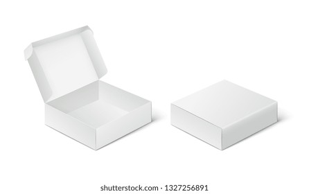 Two empty closed and open packing boxes, box mockup on white background.