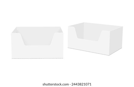 Two Empty Display Boxes, Front And Side View, Isolated On White Background. Vector Illustration