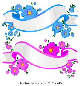 Two empty floral banners in pink and blue colors