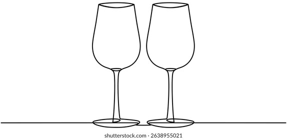 Two empty glasses continuous line drawing. Cheers toast symbol. Celebration concept. Alcohol drink. Vector illustration isolated on white.