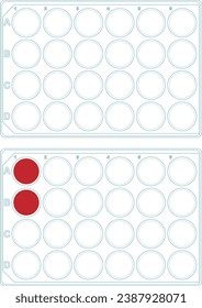 Two empty laboratory microplates for whole blood culture in gamma interferon tuberculosis diagnostic test with two wells with blood isolated and layered