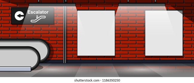 Two empty mock-up vertical billboards and escalator inside subway, airport or trade mall center.