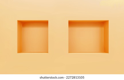 Dos nichos vacíos o una repisa sobre la pared amarillo claro de la burla 3D. Compra, galería de plástico o vitrina de madera para presentar el producto. Espacio de almacenamiento comercial en blanco. Mobiliario de diseño interior. Librería de salón