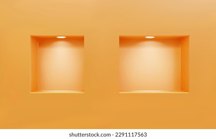 Two empty niches or shelves on orange wall with led spotlight 3D mockup. Shop, gallery showcase to present product. Blank retail storage space. Interior design furniture. Living room bookshelf - Shutterstock ID 2291117563