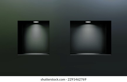 Two empty niches or shelves on black wall with led spotlight 3D mockup. Shop, gallery showcase to present product. Blank retail storage space. Interior design furniture. Living room bookshelf