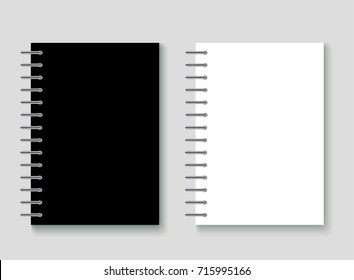 Two empty notebooks (white and black) mockup with left spiral, shadows, blank cover view template, vector illustration 