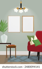 Two empty photo frames in an interior with a red chair and tables. Classic interior with mock-ups of paintings on the wall. Vector illustration.