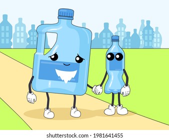 Two empty plastic bottles walking together. Cartoon vector illustration. Old and new water bottles with faces holding hands in city background. Drink, plastic, packaging, nature, environment concept