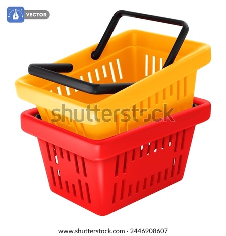 Two empty plastic shopping baskets, nested inside one another. Realistic 3d shopping carts with handles, isolated on white background. Vector illustration