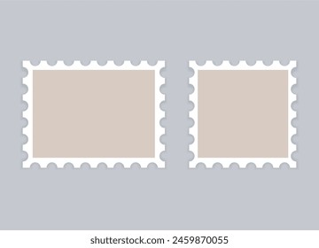 Two empty postage Stamps. Mockup with perforated frames. Square and rectangular template. Just insert image or design.